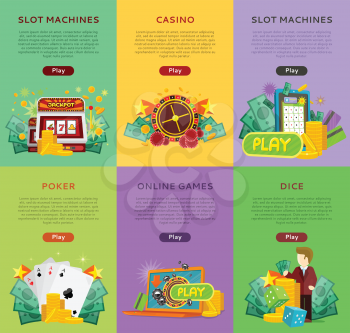 Set of gambling vector banners. Flat style. Poker, slot machines, dice, online games vertical illustrations with cards, roulette, money for virtual gamble and entertainments services web page design
