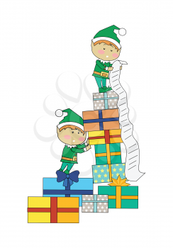 Fairy elves with christmas presents. Flat design vector. Funny Christmas elfs in green suits holding, counting, carrying gift boxes with stripes. Winter holidays celebrating symbols. On white