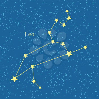 Leo zodiac on background of cosmic sky. Fifth astrological sign of the zodiac, originating from constellation of Leo. Horoscope sign of the zodiac. Astrology and mythology concept. Vector