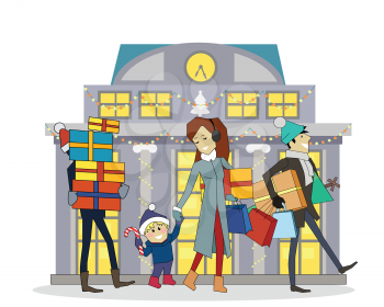 Buying presents with family in mall on Christmas eve. Flat design. Woman with gifts in hand walking with her son, two mans carry colored boxes