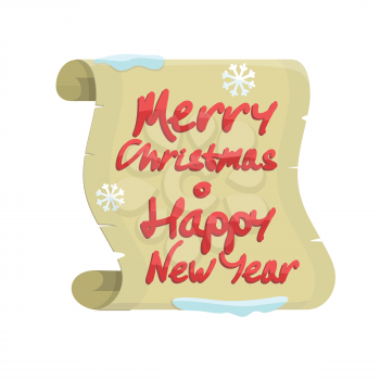 Merry Christmas and Happy New Year colorful banner isolated on white background with snow and snowflakes on a pergament sheet of paper. Xmas greeting card, winter season holiday celebration. Vector