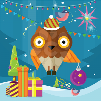 Owl with christmas ball on Merry Christmas and Happy New Year background. Funny character for children. Cartoon bird in xmas holiday concept. Winter season banner, poster, template. Vector