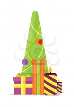 Winter holidays vector concept. Flat design. Christmas tree with toys and ribbons, presents in bright gift boxes, spiral candles. Christmas and New Year celebrating. For greeting cards, ad design 