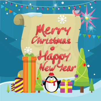 Winter holidays symbols vector concept. Flat design. Christmas tree with toys, gift boxes, candles, garlands, penguin in Santa hat, bullfinch. Merry Christmas and Happy New Year text on old paper 
