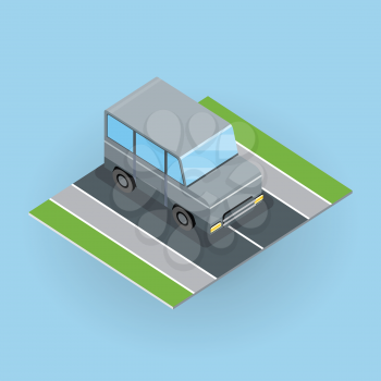 Car on road vector illustration in isometric projection. Jeep, minivan picture for transport, traffic, city concepts, web, app, icons, infographics, logotype design. Isolated on white background