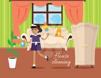 House cleaning vector in flat design. Maid with whisk dust and sprayer working in apartment. Home servants. Illustration for cleaning companies and services ad, home cosiness concepts.  