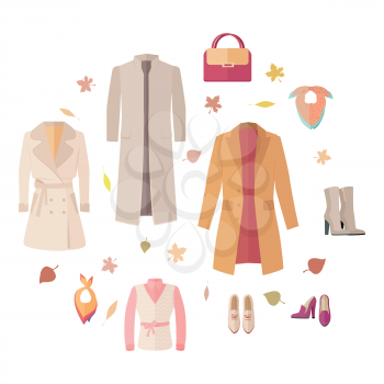 Big autumn sales vector concept. Flat design. Warm womens clothes, shoes and accessories for cold season on wite background with fallen leaves and sticker with text For store discounts ad design