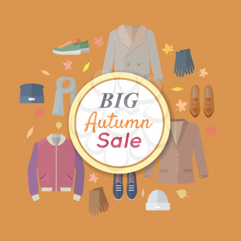 Big autumn sales vector concept. Flat design. Warm men s clothes, shoes and accessories for cold season on orange background with fallen leaves and sticker with text For store discounts ad design