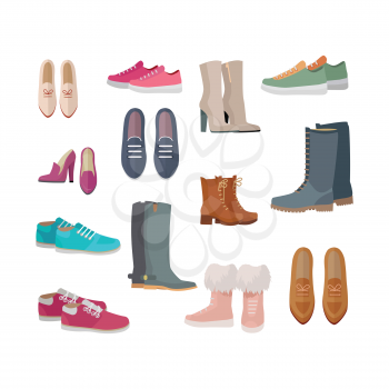 Set of woman s shoes. Flat design vector. Ankle and mid boots, sneakers, loafers, moccasins illustrations. Collection of footwear for all seasons. For store ad, fashion concepts. On white background
