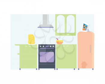 Kitchen interior with furniture in flat. Kitchen with oven, refrigerator, cooker hood, table, food. Stack of pancakes on the table. Isolated vector illustration on white background