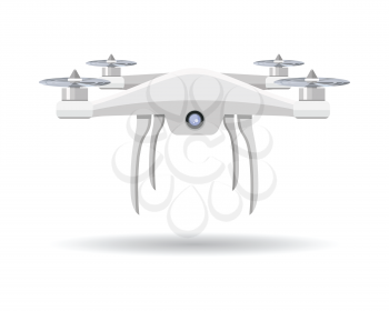 Flying drones vector illustration. Flat design. Drone with four propellers and mounted camera. Modern technology. Unmanned aerial vehicle. For store ad, spy concepts, app icons. On white background