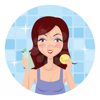Cleansing. Girl clean her face with lotion. Cleaning with help of sponge. Woman instruction how to make up correctly. Girl cares about her look. Part of series of ladies face care. Vector illustration