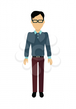 Male character without face in blue shirt vector. Flat design. Man template personage illustration for concepts with humans, mobile app pictogram, logos, infographic. Isolated on white background.