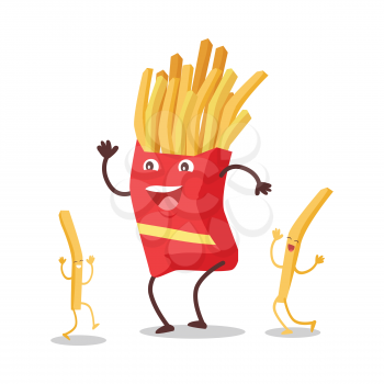 Fries dancing isolated on white. Funny food story conceptual banner. Fresh cooked potatoes character in cartoon style on disco. Happy meal for children. Childish menu poster. Vector illustration