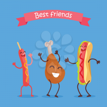 Best friends fast food products concept vector. Flat design. For restaurants menu, diet concepts, web design. Smiling and dancing cartons of sausage, chicken thigh, hod dog. Tasty street snacks