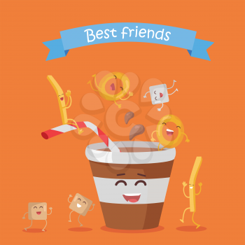 Best friends, food banner. Happy fast food cartoon characters rejoice and dance. French fries, donuts and cola in plastic glass cartoon characters. Animated food on orange background