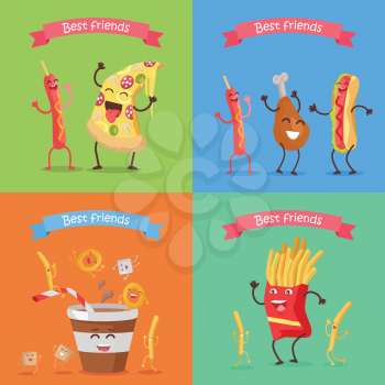 Best friends sausage pizza chicken hot dog soda cola fries cartoon characters. Funny food for childish menu conceptual banner. Meal having fun concept. Dancing happy meal. Vector design illustration
