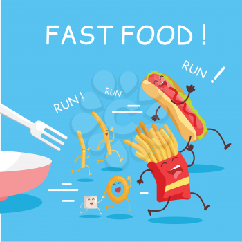 Fast food cartoon characters banner. Happy fast food cartoon characters running away from fork. French fries and hot dog cartoon characters on blue background. Animated food in flat.