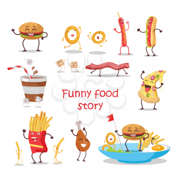Set of fast food products for restaurant menu illustrating, diet concept. Smiling and dancing pizza, hotdog, chicken, hamburger, french fries, bacon, egg, onion ring, coffee, sugar flat vectors 
