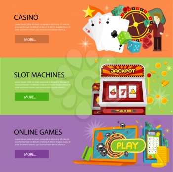 Set of gambling vector banners. Flat style. Casino, slot machines, online games horizontal conceptual illustrations for virtual gamble and entertainments services web page design.