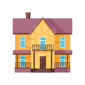 Happy house with terrace banner poster template. Exterior home icon symbol. Residential cottage. Part of series of modern buildings in flat design style. Real estate concept. Vector