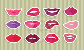 Set of lips with expression of emotions. Comic funny emoticons expressing anger, happiness, sadness, joy, surprise, wonder, amazement. Different mood states collection isolated on white. Vector