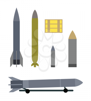 Military ammunition types isolated on white. Ammo propellant and projectile. Used in combat including bombs, missiles, warheads, land mines, naval mines, and anti-personnel mines. Vector