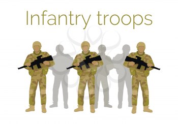 Infantry troops soldiers with weapon. Men in camouflage combat uniform. Branch of army engages in close military combat on foot. Bear large brunt of warfare, suffer great number of casualties. Vector