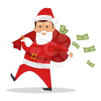 Santa Claus character with cash vector. Flat design. Man dressed in Santa suit walking with bag full of money. Christmas sales and benefits concept. Daddy with false beard. Isolated on white.