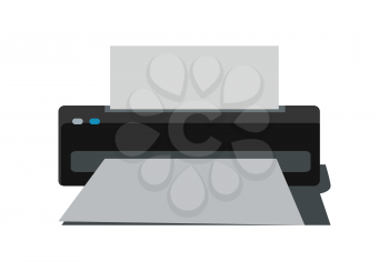 Printer with paper vector in flat style. Office equipment. Personal documents and photo printing. Illustration for computer peripherals shop advertising. Isolated on white background
