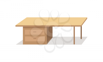 Table vector in flat style design. Classic desk with wooden drawers and steel legs. Illustration for apartment interior design concepts, furniture shops advertising, app icons. Isolated on white.