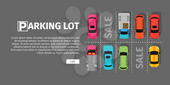 City parking vector web banner. Flat style. Shortage parking spaces. Large number of cars in a crowded parking. Urban infrastructure and car boom. Parking lot