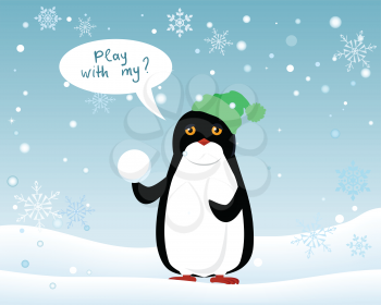 Penguin animal in green hat and snowball on winter landscape wirh speech bubble play with me. Funny polar winter bird banner poster greeting card. Cartoon character wild penguin in flat style. Vector