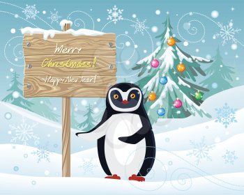 Merry Christmas and Happy New Year poster. Penguin animal pointing on the holiday banner and greeting you at winter landscape. Polar winter bird greeting card. Cartoon character and xmas tree. Vector