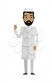 Handsome arab man with cheerful attitude. Arab man in white traditional clothing waving his hand. Smiling young man personage in flat design isolated on white background. Vector illustration.