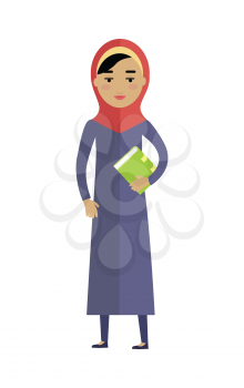 Young arabian woman with book isolated on white background. Portrait of beautiful girl in red paranja. Attractive muslim woman full length. Part of series of people of the world. Vector illustration