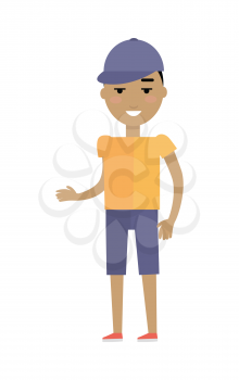 Young european man in yellow t-shirt and blue breeches and cap. Caucasian handsome boy isolated on white. Attractive teenager gentleman in casual clothes. Part of series of people of the world. Vector