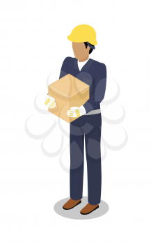 Cargo Handler in yellow helmet with container isolated. Dock worker responsible for loading, unloading, sort and handle freight on trailers in safe and timely manner. Delivery service man icon. Vector