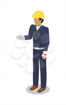 Worker in uniform vector illustration. Isometric projection. Man character in blue overall, helmet, gloves standing with raised hand for handshake. Builder, engineer, courier. On white background 