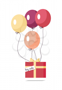 Big sale vector concept. Gift box with bow, and sticker flying on color balloons flat illustration isolated on white background. For holiday discounts promotions, seasonal sales ad design