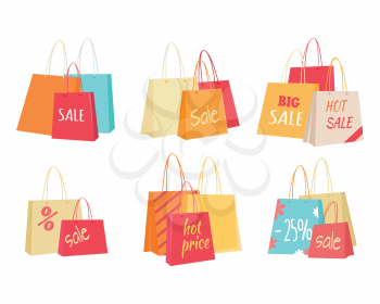 Big sale in clothing store. Color shopping paper bags with sales advertising text flat vector illustrations set isolated on white background. Black friday. For seasonal discounts and promotions