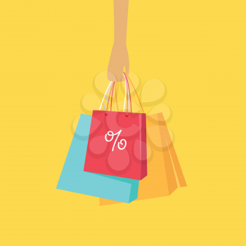 Big sale hot price in woman clothing store. Color shopping paper bags hanging on a female hand flat vector illustration. Black friday. For seasonal sales and discounts promotions design