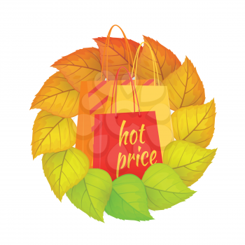 Paper bags with text hot price, in a wreath from leaves. Autumn fall concept design. Sale tags banner retail label isolated. Shopping icon purchase, marketing e-commerce. Vector illustration