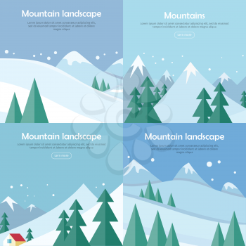 Mountains landscape banners set. Mountaineering mountain climbing Alpinism concept. Extreme hills in snowy high mountains. Sport season winter holiday resort. Blue sky and crystal white snow. Vector