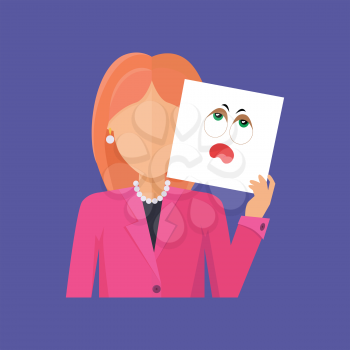 Woman character avatar vector. Flat style. Red-head female portrait with vapidity, sadness, fatigue, boredom, tediousness, emotional mask. Illustration for identity in Internet, mood concept, app icon