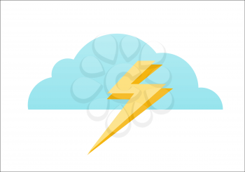 Cloud and lightning icon. Blue cloud with yellow lightning. Cloud icon. Lightning icon. Design element, icon in flat. Isolated object on white background. Vector illustration.