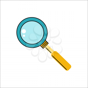 Magnifying glass icon. Loupe with blue glass and yellow handle. Search tool. Research tool. Business concept. Flat pictogram symbol. Isolated vector illustration on white background.