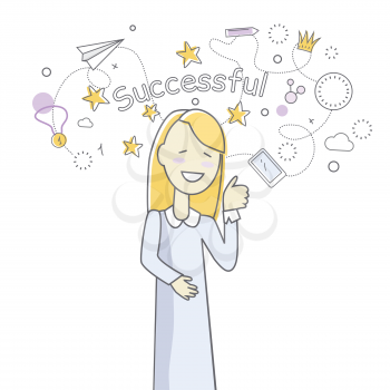 Happy smiling woman in blue dress. Woman icon. Successful woman with thumb up gesture. Woman rejoices, celebrates his victory, success, winner. Successful banner. Isolated object on white background