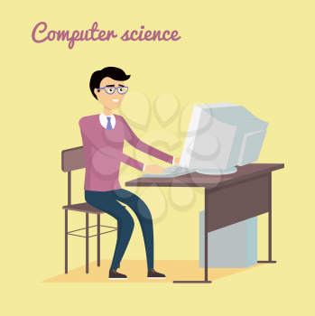 Computer science concept vector. Flat  style design. Man sitting at the table and working on computer. Illustration of programming learning and training, scientific analysis of the computer data. 