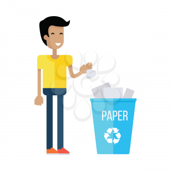 Man throw the paper into blue recycle garbage bin with paper. Reuse or reduce symbol. Plastic recycle trash can. Trash can icon in flat. Waste recycling. Environmental protection. Vector illustration.